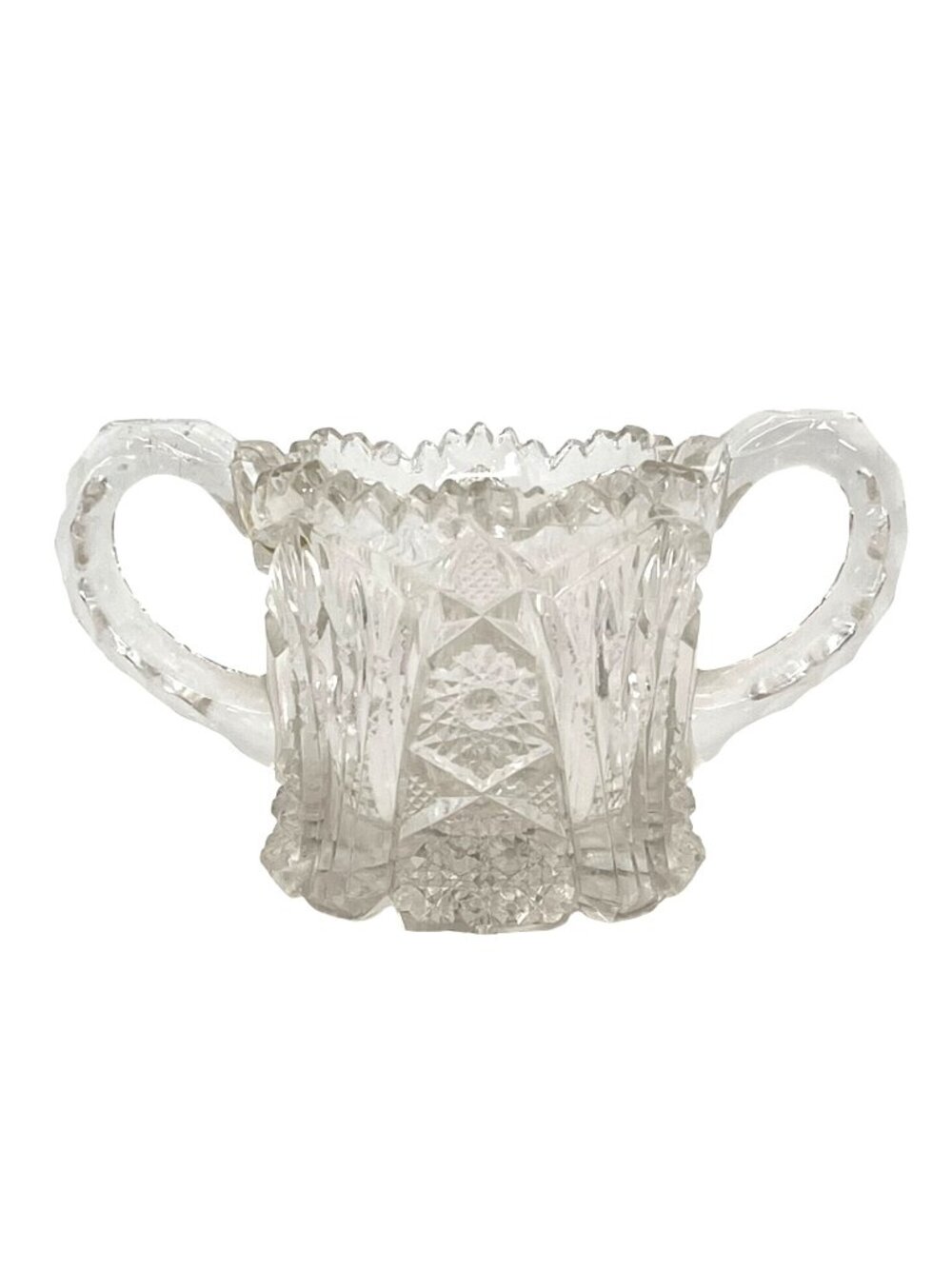 Vintage Pressed Glass Clear Double-Handled Sugar Bowl Intricate Cut Pattern 3"